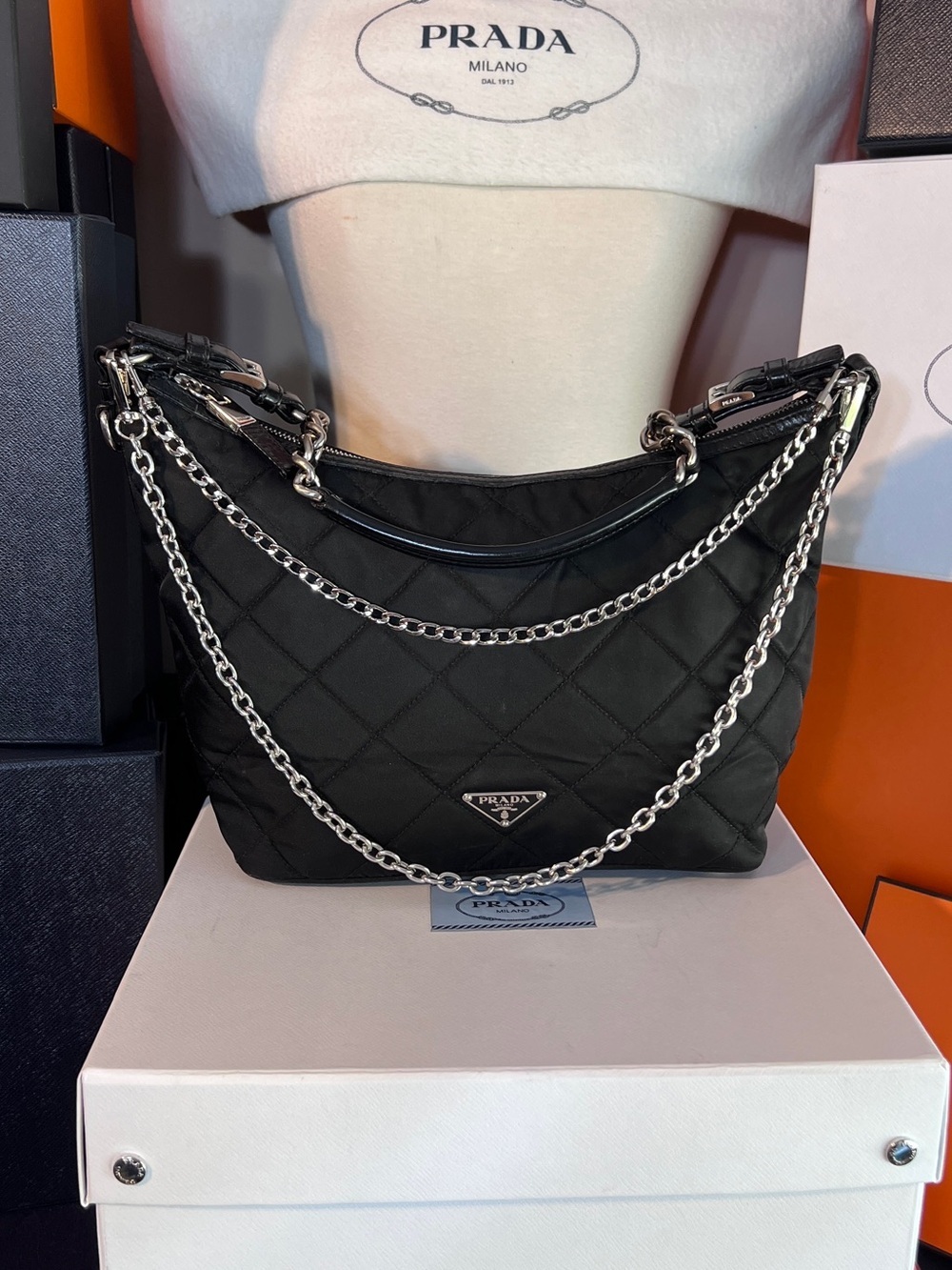 Prada⭐️Black Quilted Shoulder Bag with Silver chains inc!⭐️Offers welcome! - Picture 3 of 15